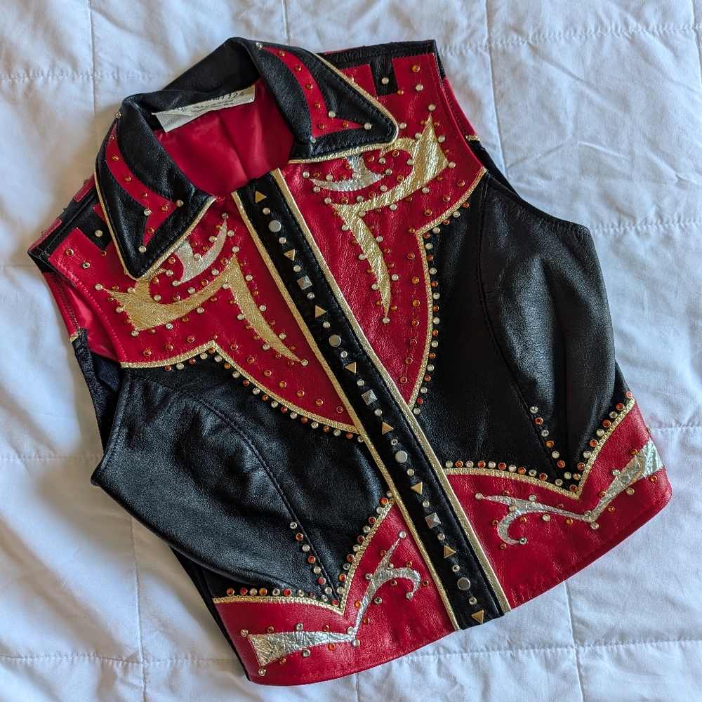 Luna1124 Genuine Leather Black Gold & Red Studded Show Vest - Size Small